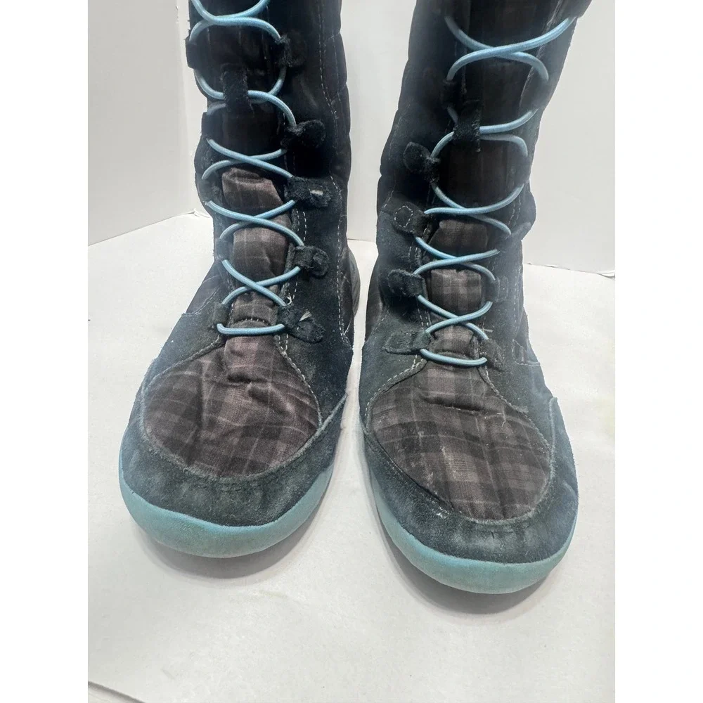 Teva Girls Waterproof Winter Boots Suede Plaid Faux Fur Black Blue sz 3